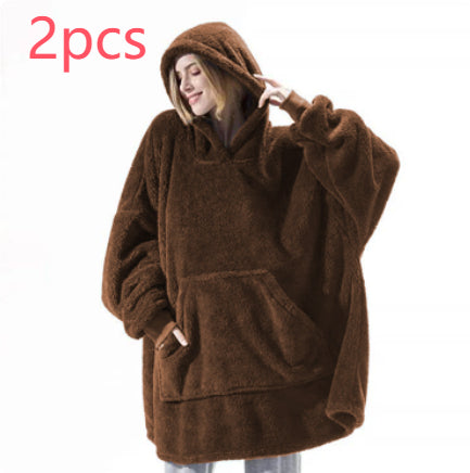 Brown fleece hoodie sweatshirt with large kangaroo pocket and hood, oversized