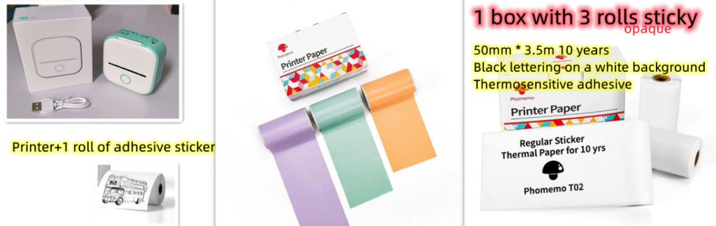 Mini label printer with printer paper rolls and pastel colored adhesive sticker samples
