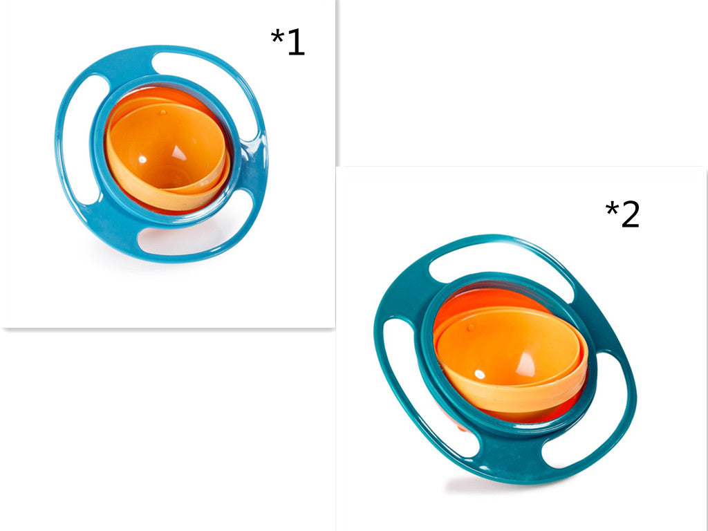 Set of spill-proof bowl dishes in blue and teal, each with an orange inner cup