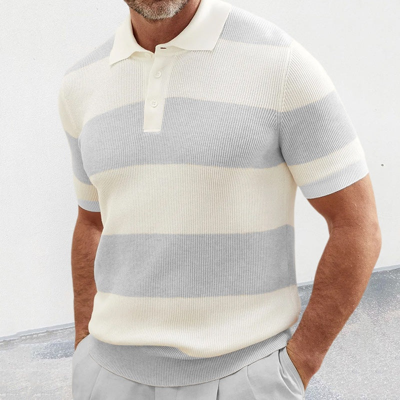 Men's short-sleeve striped polo knit sweater in cream with light gray bands