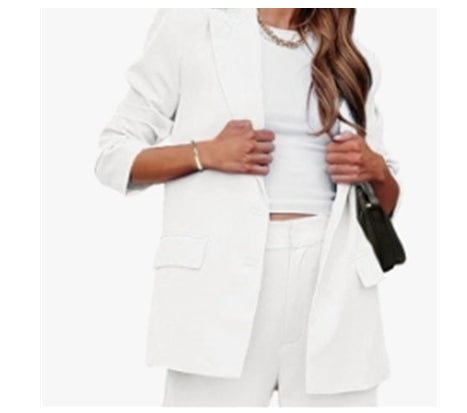 Women’s blazer and wide-leg trousers suit, white, front pockets and long sleeves