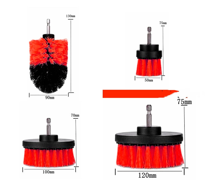 Electric drill cleaning brush attachment with red bristles and black round base