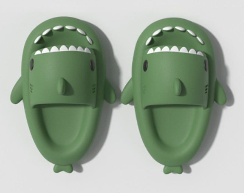 Cartoon shark slippers in green, open-toe slip-on with shark-tooth trim and fins