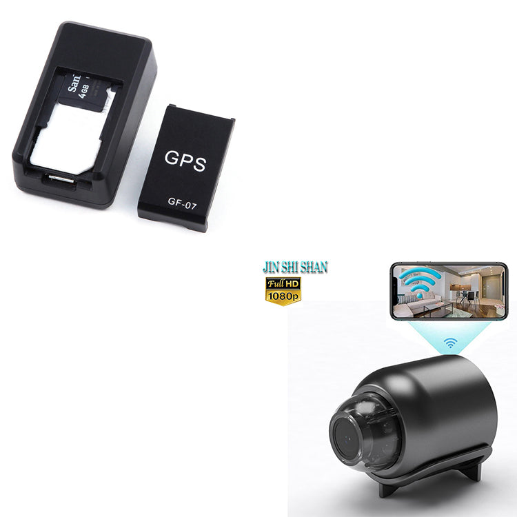 Magnetic GPS car tracker with black holder, GF-07 module, and black cylindrical camera device