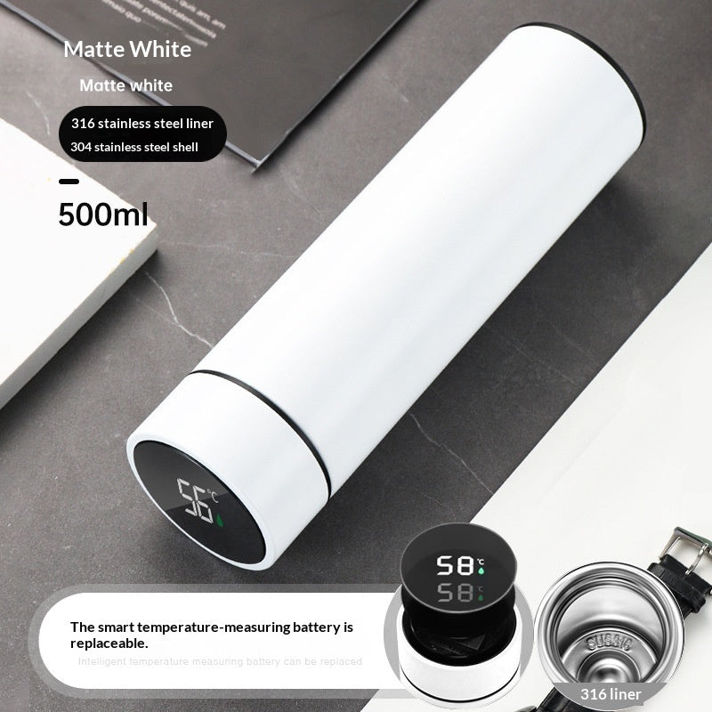 316 steel smart insulated water bottle, matte white, 500ml, temperature display base