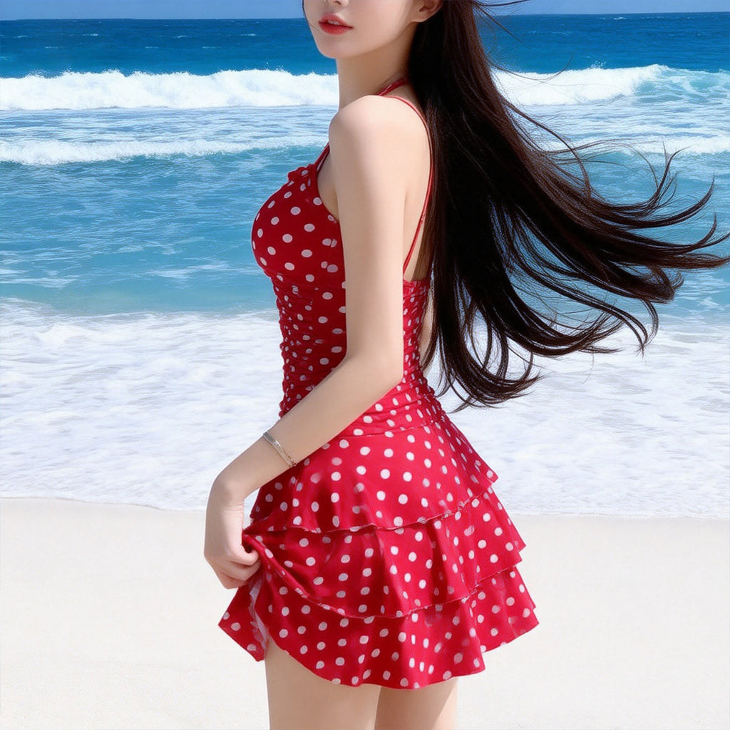 Red polka-dot one-piece swimsuit with halter neckline and layered ruffles