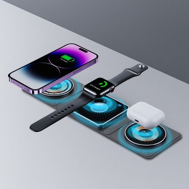 Black 3-in-1 magnetic wireless charger station with phone, watch strap, and earbuds dock