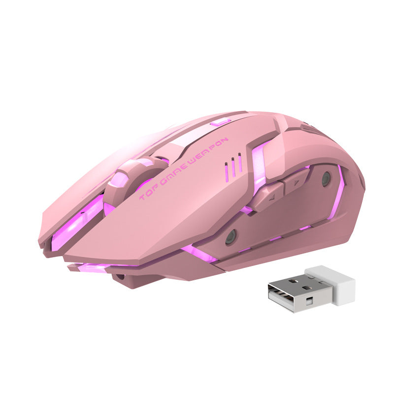 Wireless gaming mouse, pink with purple LED highlights and ergonomic side panels