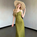 Green maxi slip-style strap dress with square neckline and built-in padded bra