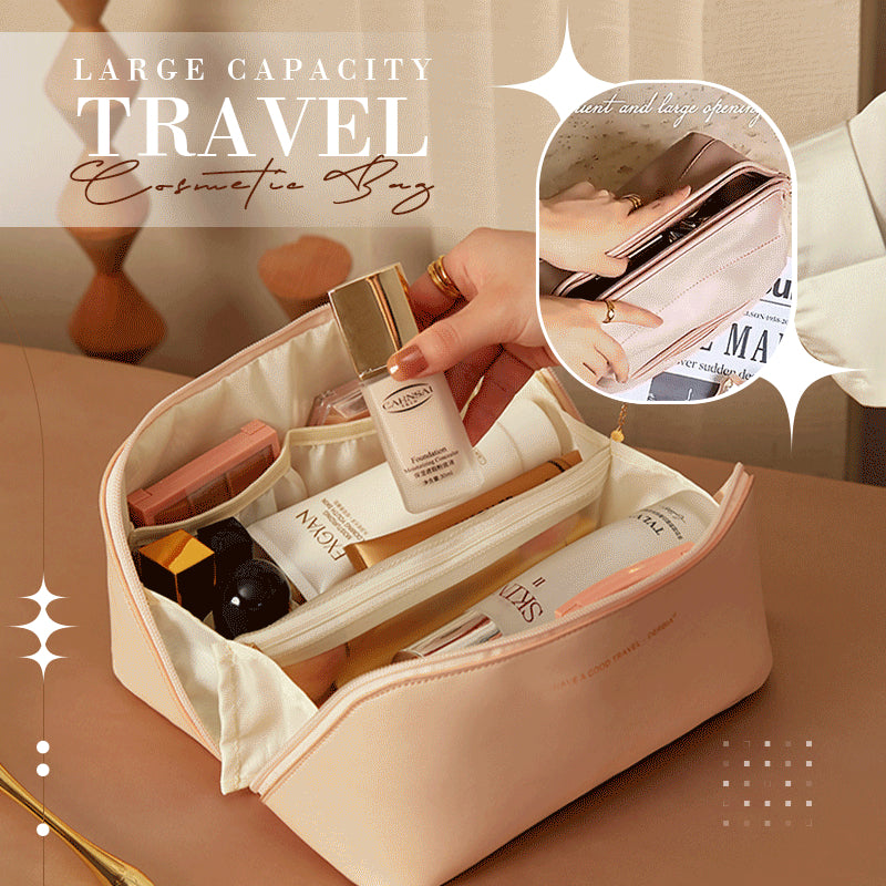 Large travel cosmetic bag, open light pink interior dividers and zipper storage pockets
