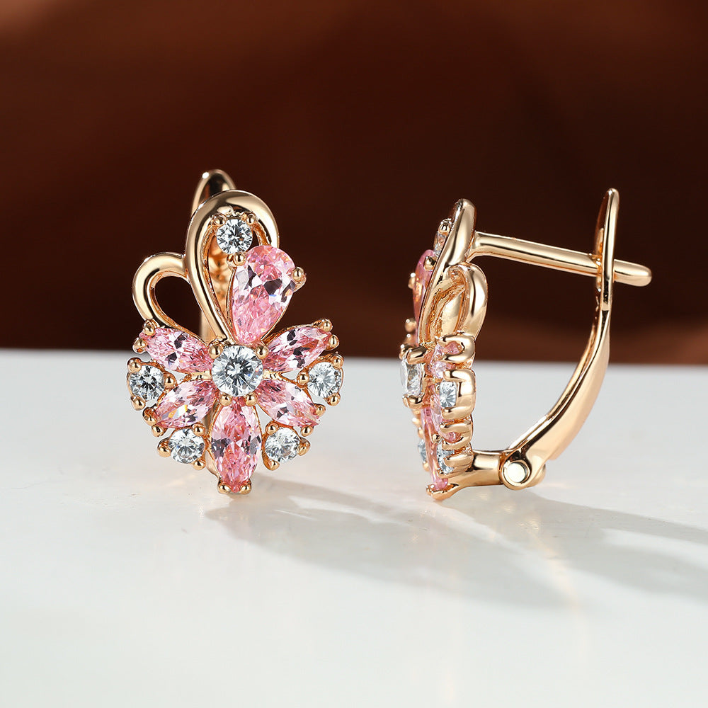 Gold flower drop zircon earrings with pink and clear stones