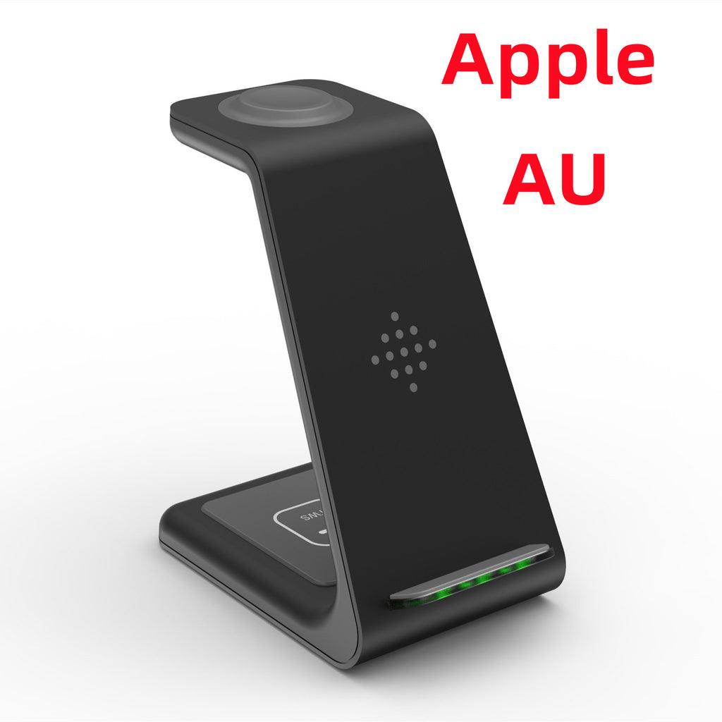 Black wireless charger stand with phone cradle and glowing green charging bar
