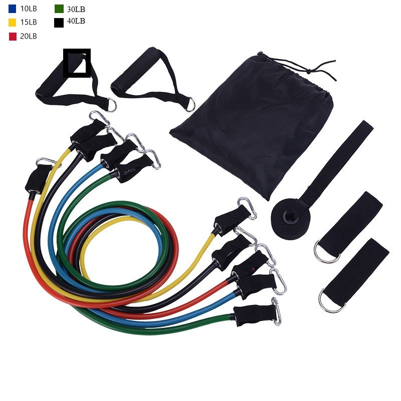 Portable fitness rally resistance band set with multicolor elastic bands, black straps, and pouch