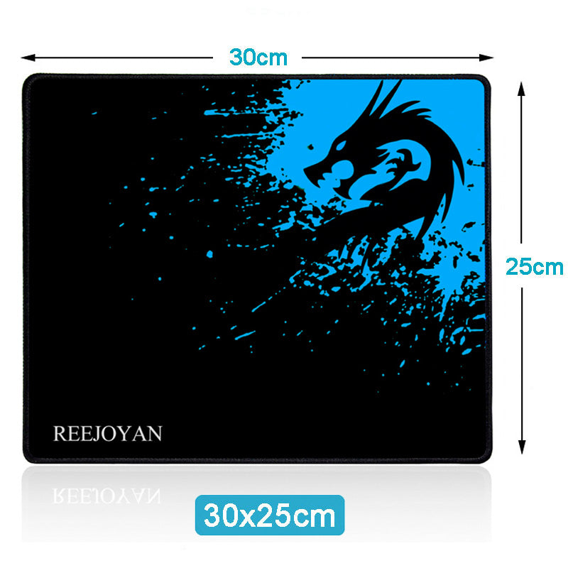 Mouse pad size 30x25cm, black and blue dragon splash graphic, REEJOYAN logo