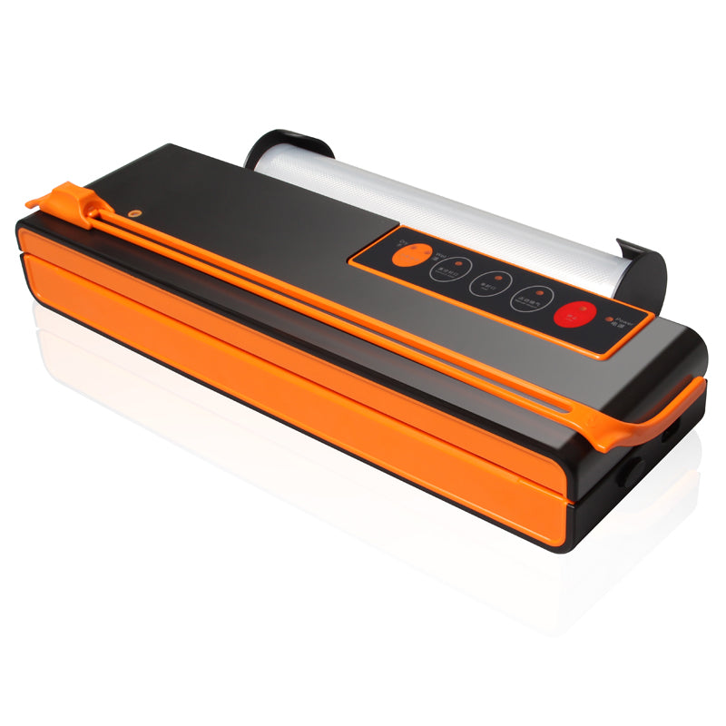 Vacuum sealer packaging machine, orange and black with lid and vacuum bag roll