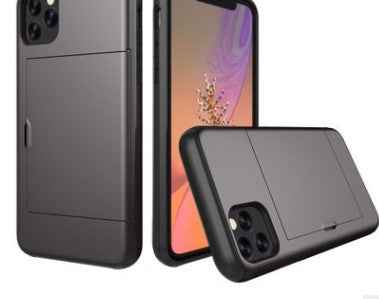 Dark phone card case with flip front card holder on a phone back