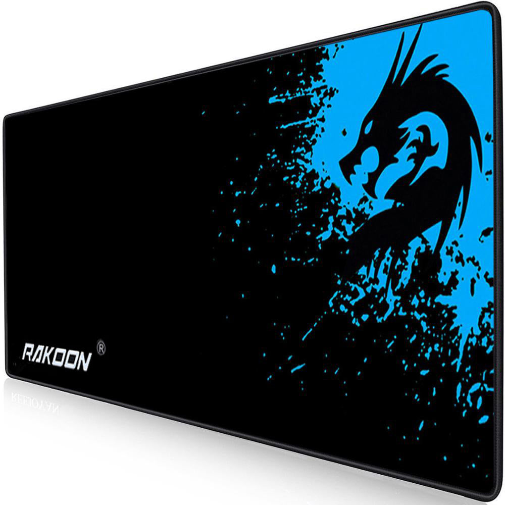 Mouse pad with black surface and blue dragon splash graphic, RAKOON logo