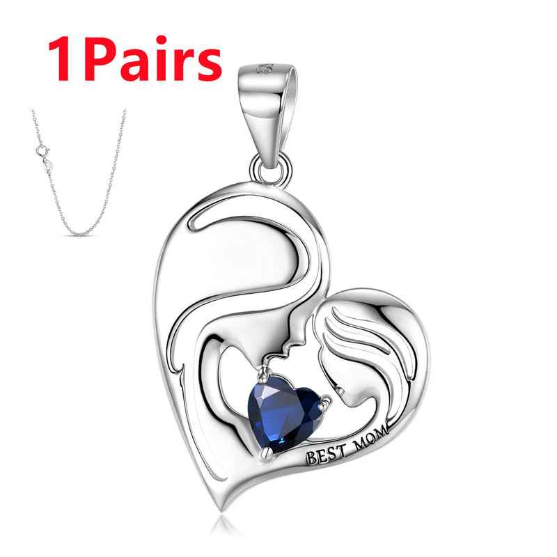 S925 sterling silver heart necklace pendant with dark blue gemstone and Best Mom engraving