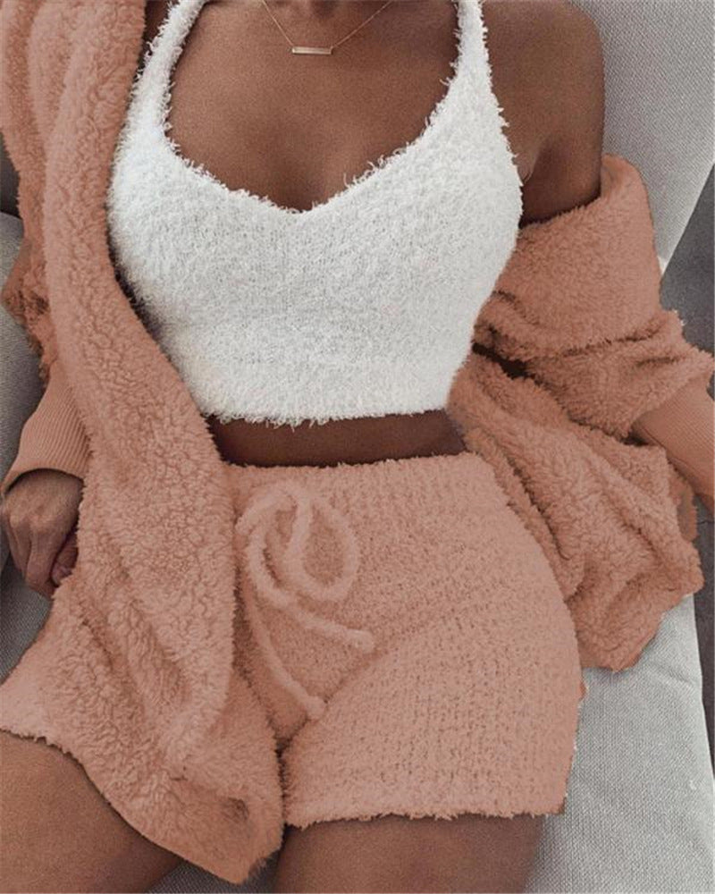 3-piece fuzzy lounge set with cropped tank, drawstring shorts, and wrap top, peach