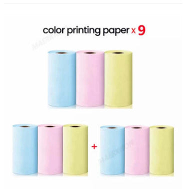 Color thermal label printer paper rolls, showing blue, pink, and yellow rolls