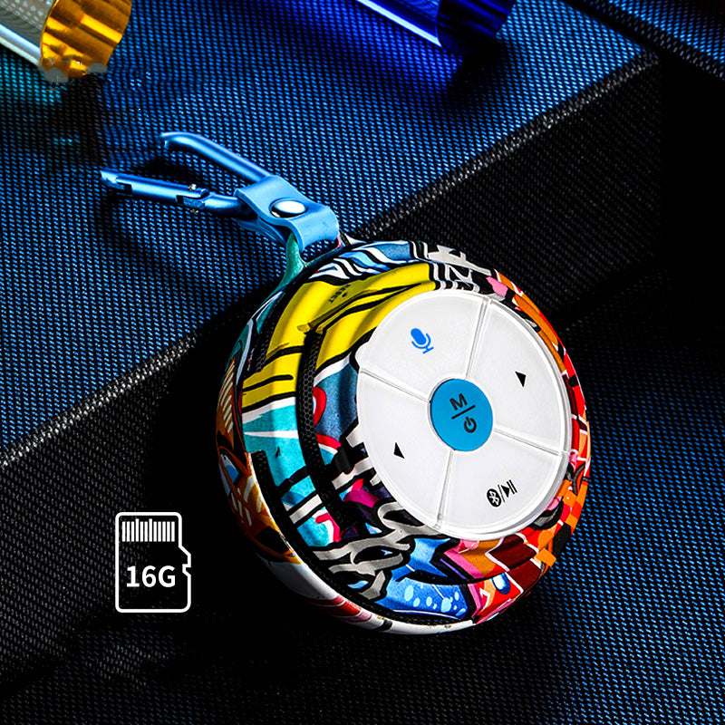 Portable Bluetooth speaker, graffiti shell with 16G label and circular white control panel