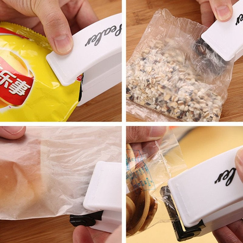 Hand pressure heat sealer sealing a plastic food bag with a black locking base