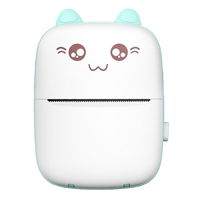 Mini label printer with cat face, mint green body, white panel and paper slot