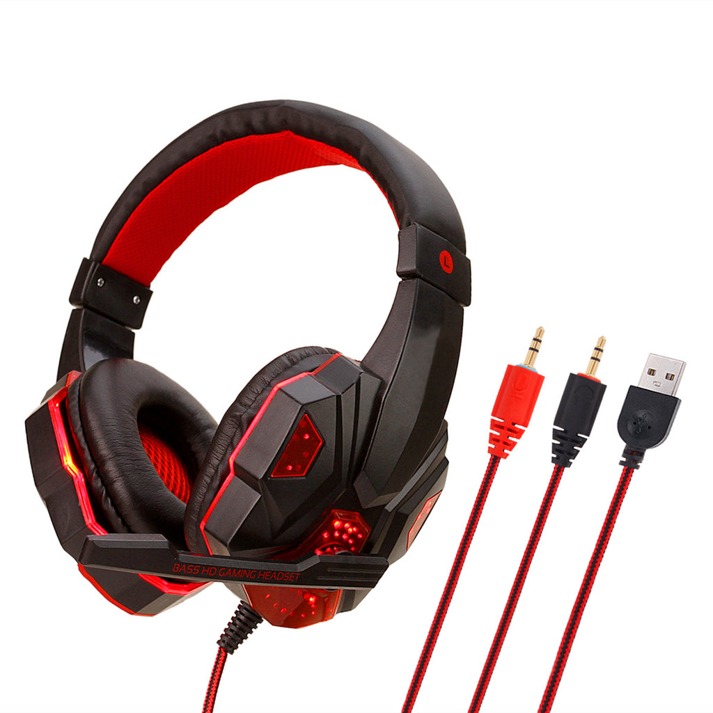 Red and black over-ear headphones with LED accents and red/black audio cables