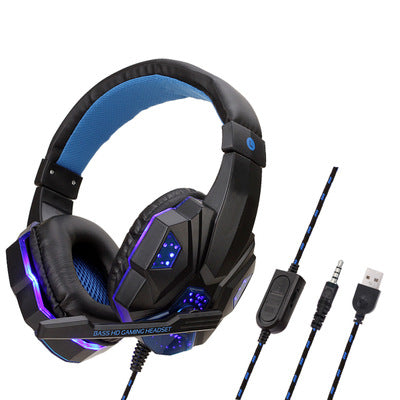Over-ear gaming headphones, black with purple-blue LED accents and included cables