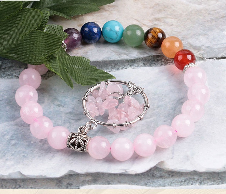 Pink crystal beaded bracelet with oval rose quartz wire pendant and multicolor top beads