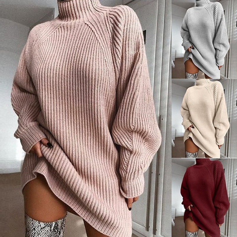 Turtleneck knit sweater dress, blush pink, long sleeves and ribbed hem