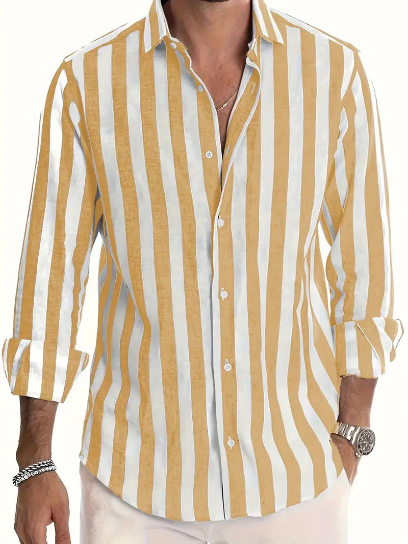 Men striped button-up shirt, long sleeve, gold/white vertical stripes, button front