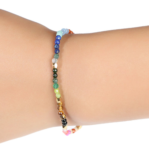 Seven chakras colored stones bracelet with multicolor bead strand and black end beads