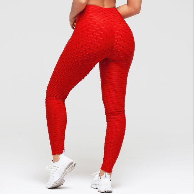 Red scrunch leggings with textured lift pattern and fitted ankle length