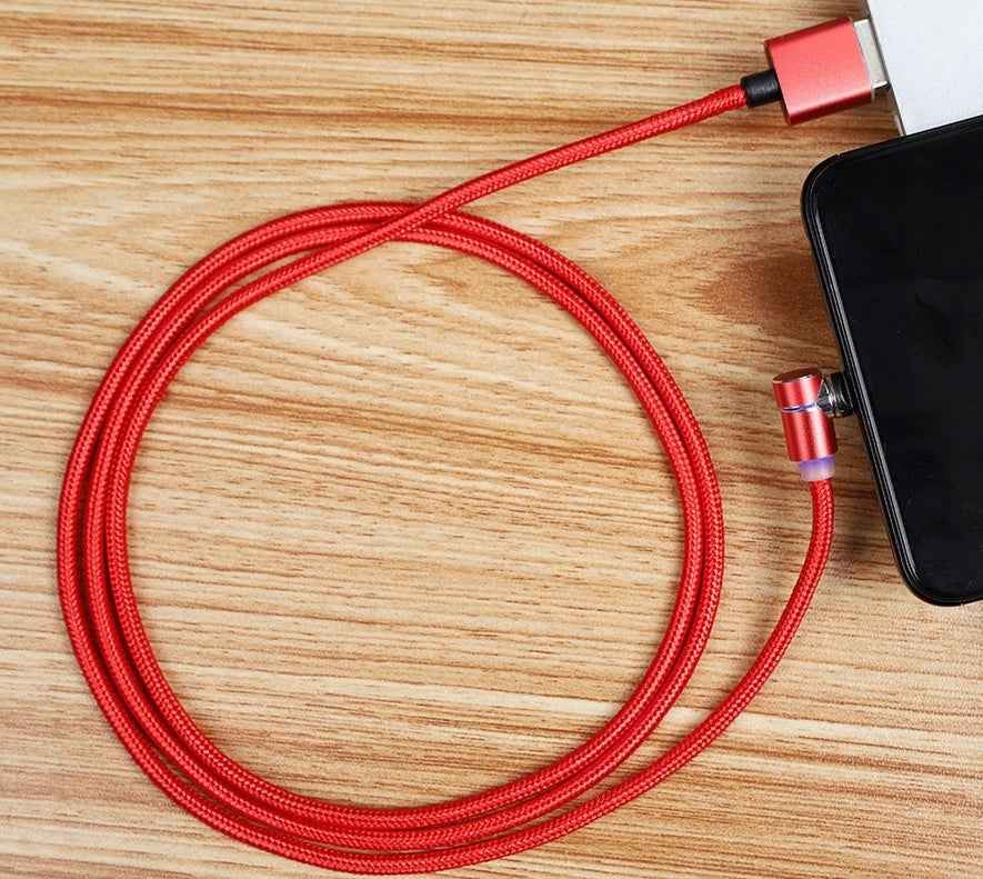 Red braided magnetic charging cable with USB-C connector and phone-ready end