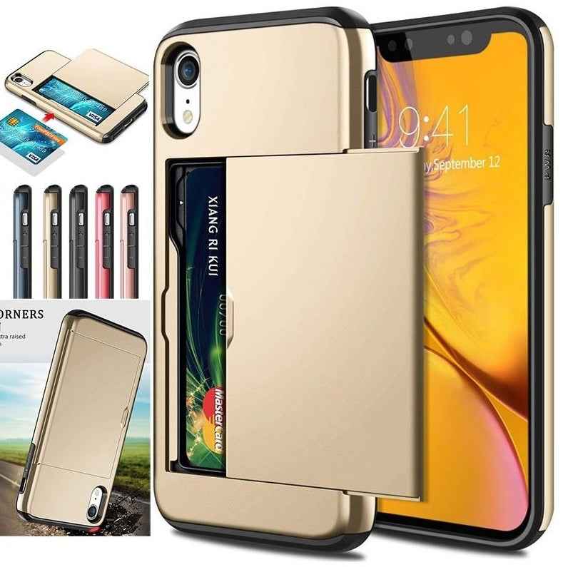 Gold-tone phone card case with flip front card holder on a phone