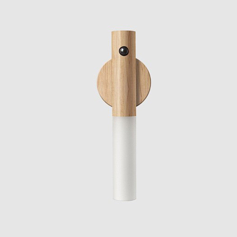 Ash wooden wireless night light with circular head and black PIR sensor, white body