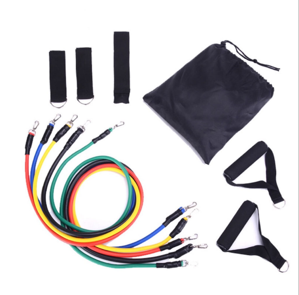 Multi-color resistance band set with straps and black drawstring storage bag
