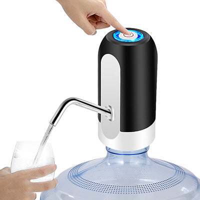 Electric water bottle pump with curved spout, black and white body, blue LED ring