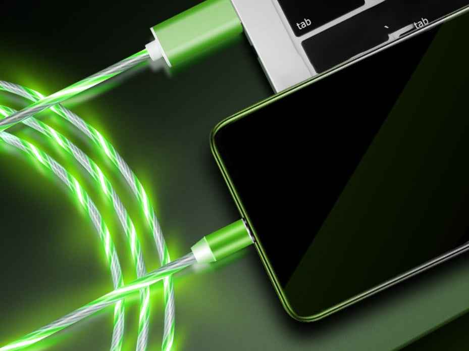 Green braided magnetic charging cable connected to a smartphone