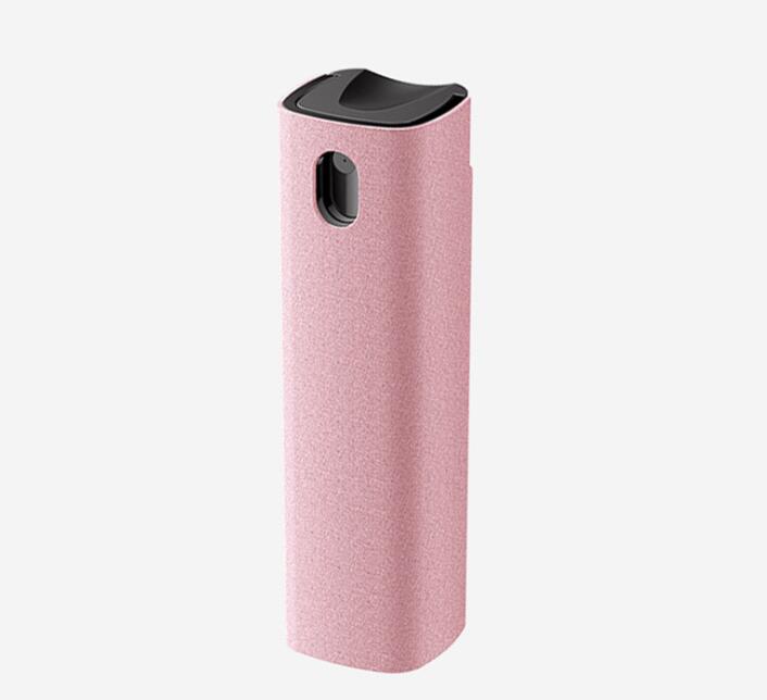 Pink screen cleaner spray bottle with black top and gray microfiber cloth body