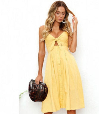 Yellow sleeveless A-line dress with bow bodice and button front