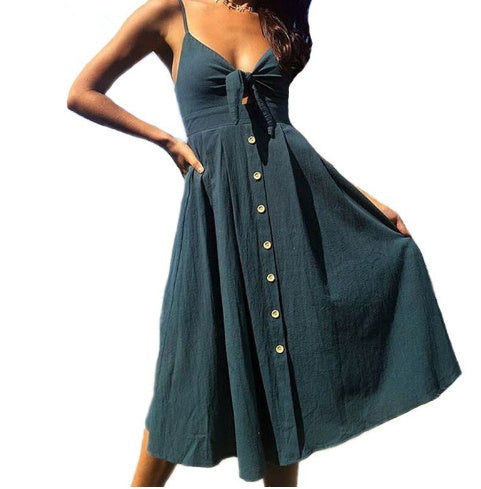 Teal sleeveless midi dress with side bow detail and front buttons