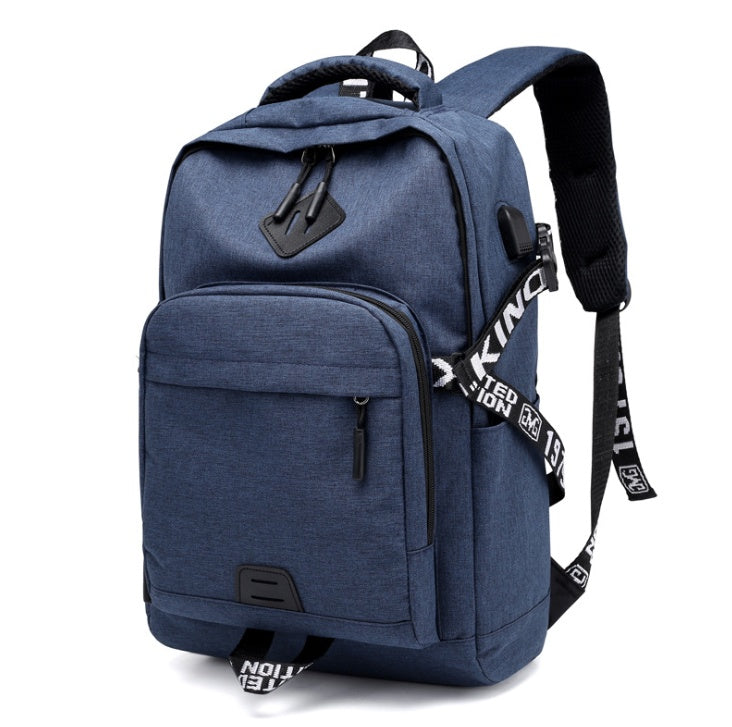 Blue USB laptop backpack from the front, with side straps and front zip pocket
