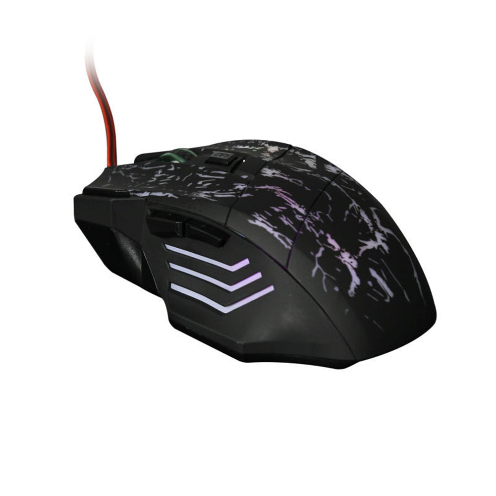 Gaming mouse with black body, purple-blue LED chevrons, and red cord