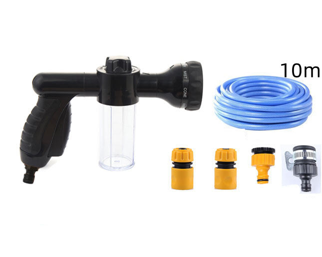 Black foam spray gun with clear bottle, blue hose coil, and four yellow/gray nozzles
