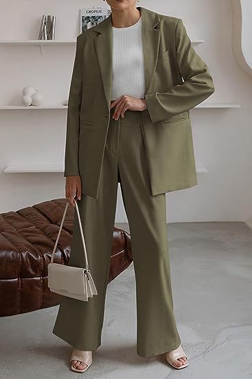 Women’s olive green coat and trousers suit, long blazer and wide-leg trousers