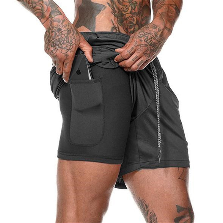 Black pocket compression shorts with front pouch and drawstring, athletic stretch