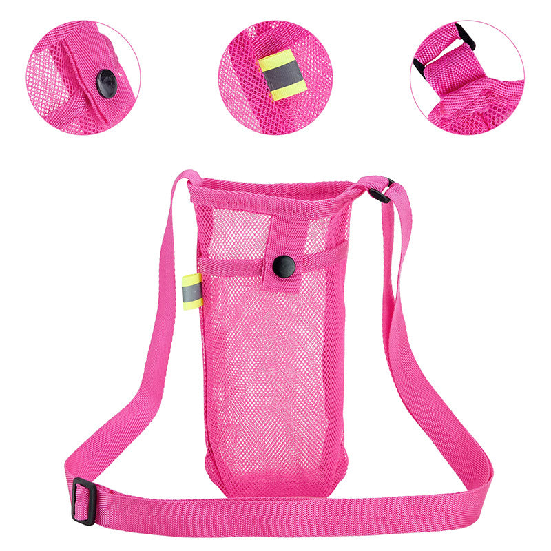 Mesh water bottle holder sling bag in pink with adjustable shoulder strap and buckle