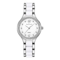 Women quartz wrist watch with white dial, silver bezel, silver link bracelet